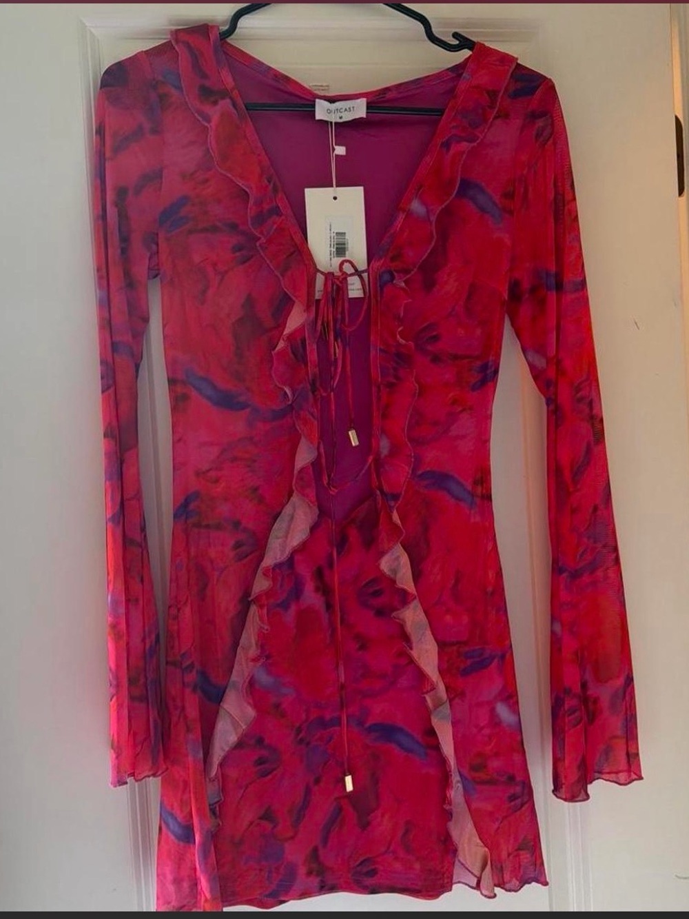 Tie-Front Pink & Purple Ruffle Mini Dress